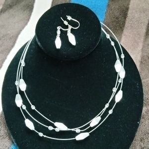 Avon Necklace White Beads Multi-Strand Glass Floating Earring Set